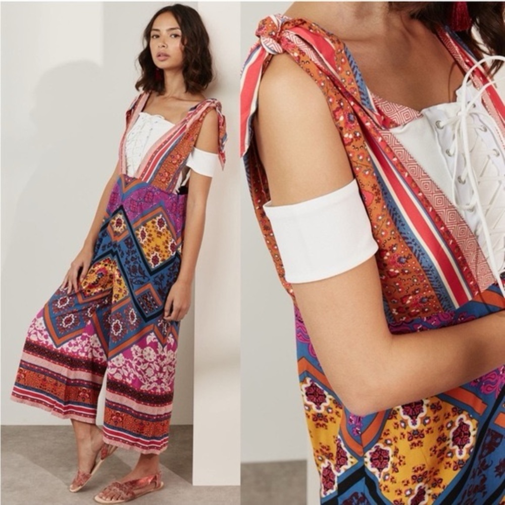 Free People Maritzah One Piece Wide Leg Bohemian Vibrant Patterned Jumpsuit - Picture 2 of 5
